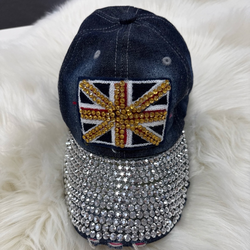 Embellished Denim Cap with Union Jack Design